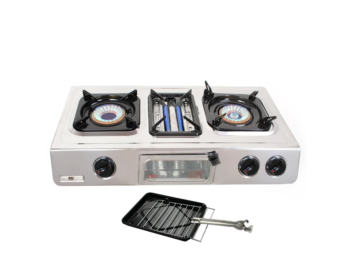 Estufa de gas para camping de acero inoxidable NJ G-87, 3 quemadores, parrilla y horno, 9,7 kW
