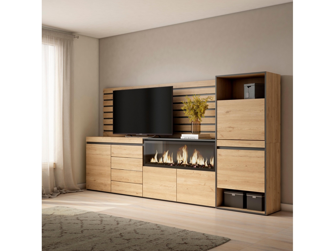 Aparador, 274x145x35 cm, Dormitorio, habitación, Chimenea eléctrica XXL, Cómoda, Cajonera, Zapatero, Roble SKRAUT HOME
