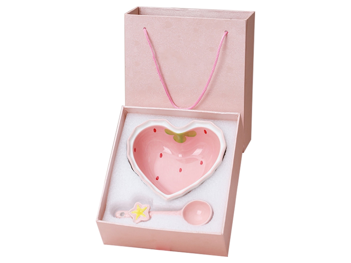 Bonito Cuenco De Cerámica Rosa Con Forma De Corazón Y Diseño De Fresa, Con Cuchara Incluida, Ideal Para Ensaladas Y Postres.