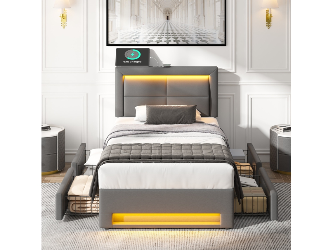 Cama Tapizada De 90 X 190 Cm, Led, Usb, 4 Cajones, Sin Colchón, Polipiel Lichi, Color Gris
