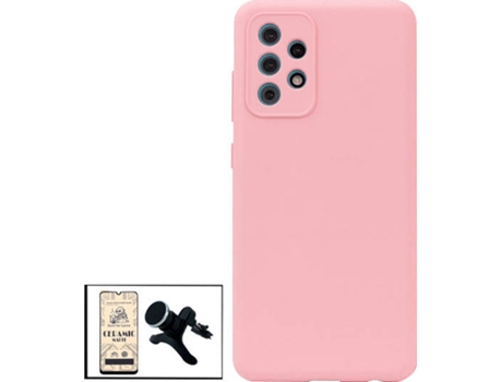 Kit Cristal Templado CeramicGlass Full Cover, Funda Silicona y Soporte Magnético de Coche Reforzado Samsung Galaxy A52s 5G PHONECARE Rosa