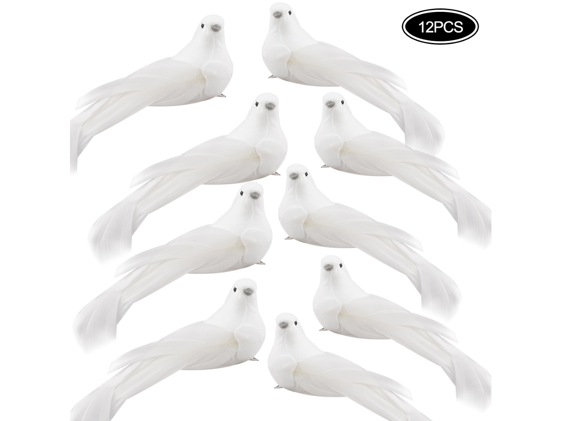 12 mini palomas artificiales con plumas blancas, artículo decorativo ornamental para árbol de Navidad, hogar, jardín, bodas y decoración de fiestas.