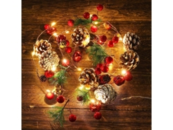 Guirnalda de luces navideñas con pilas, 2 m, 20 LED, con piñas y bayas rojas para mesa o chimenea.