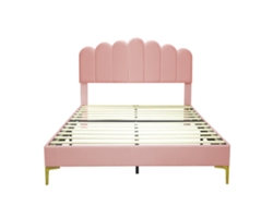 Cama Tapizada En Terciopelo De 140 X 200 Cm Con Somier De Láminas Y Cabecero Ajustable, Color Rosa