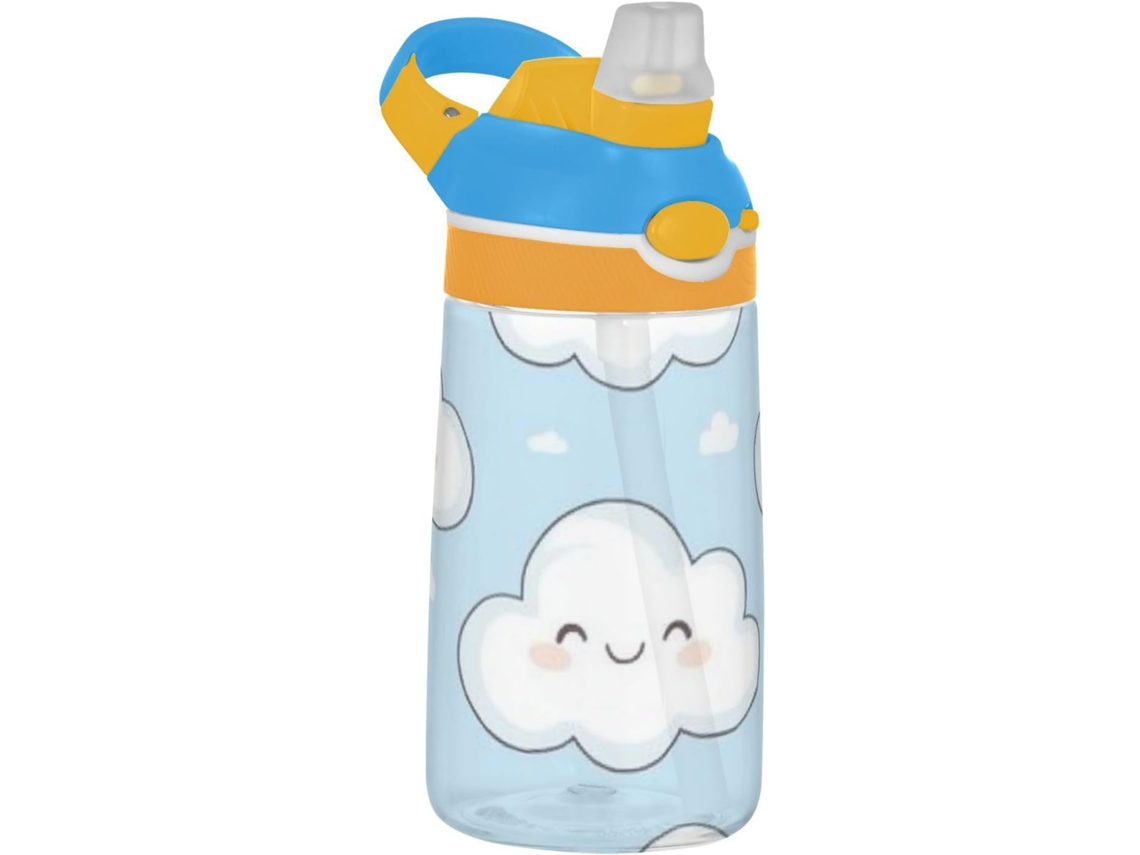 Botella de agua deportiva con asa y tapa, estampado de nubes azules, sin marca.
