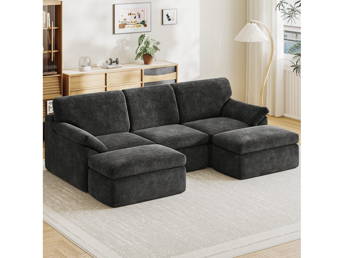 Sofá modular de 3 plazas Botifly en terciopelo de pana. Sofá modular comprimido de 240 cm con 2 otomanas. No requiere montaje. Ideal para salón. Color gris oscuro.