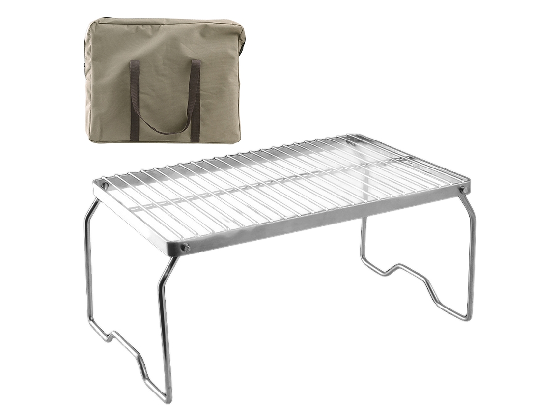Parrilla portátil de acero inoxidable para acampar con estuche de transporte.