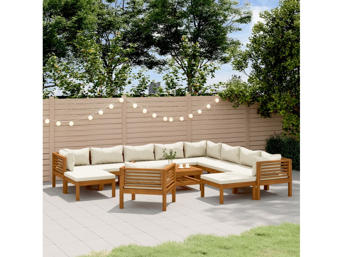 12 Piezas Conjunto Lounge Jardim C/ Almofadões Creme Acácia Maciça Dkd Decoración Del Hogar