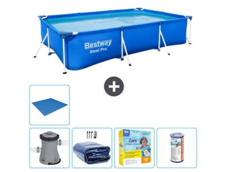 Piscina BESTWAY rectangular Steel Pro - 300 x 201 x 66 cm - Azul - Bomba incluida Vela solar - Paquete de mantenimiento - Filtrar - Suelo