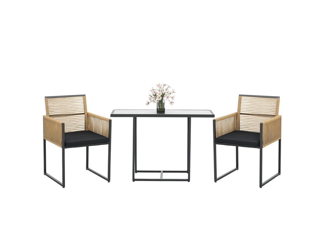 Juego De Mesa De Cristal Con 2 Sillas De Ratán Con Respaldo Reclinable.