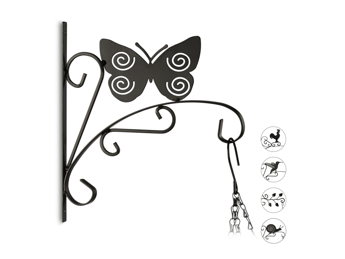 Relaxdays Gancho Para Macetas Mariposa, Gancho De Pared Para Cestos, Decoración De Jardín, Metal, 30 X 28 X 2 Cm, Negro