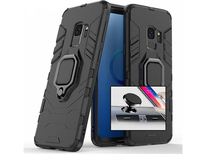 Kit Carcasa y Soporte Magnetico Auto Samsung Galaxy S9 Military Defender Negro