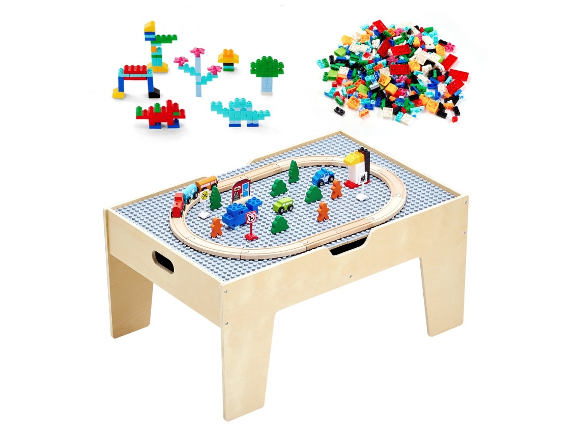 Mesa de Actividades Infantil de Madera con 320 Piezas, Tablero Reversible para Bloques, Tren y Arena Tekmaquinas.