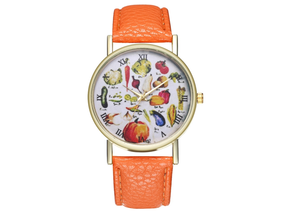 Reloj De Pulsera Unisex De Moda Con Correa De Cuero Sintético Y Estampado De Frutas Naranjas.
