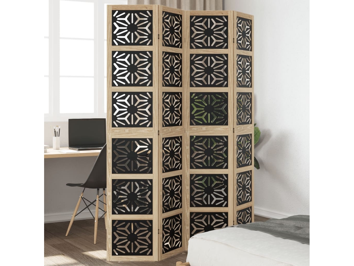 Biombo Separador 4 Paneles Madera Maciza Paulownia Marrón Negro