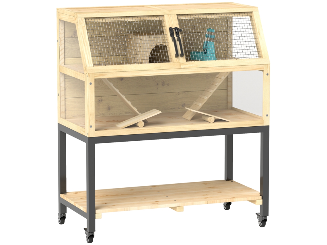 Jaula Para Hámster De 87x43x101cm Con Ruedas Y Rampas, Madera Natural.
