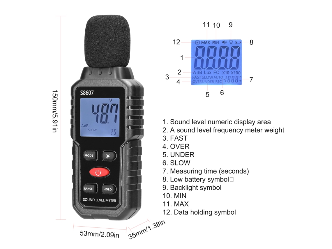 Sonómetro con detector de ruido ponderado de 30-130 dB