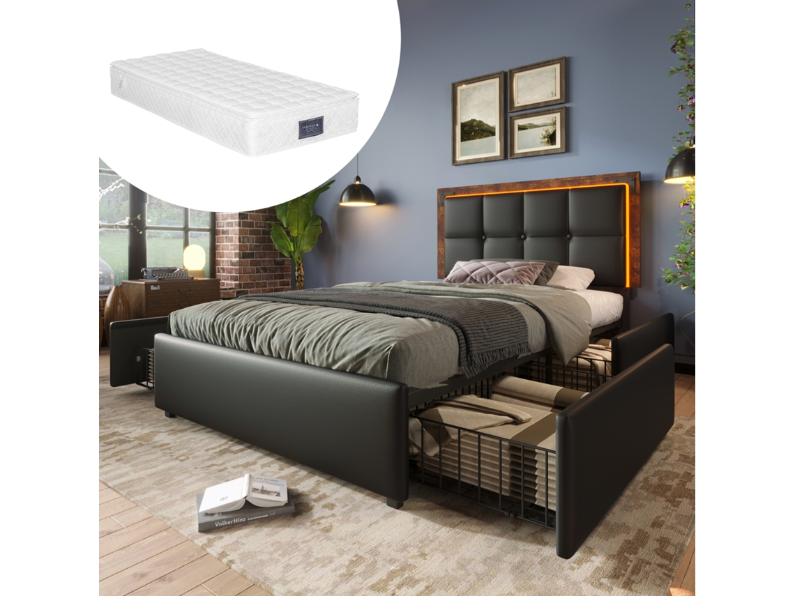 Cama individual tapizada ZIWEI STORE con tira LED y 4 cajones, poliuretano negro, cabecero ajustable con colchón (90 x 200 cm)