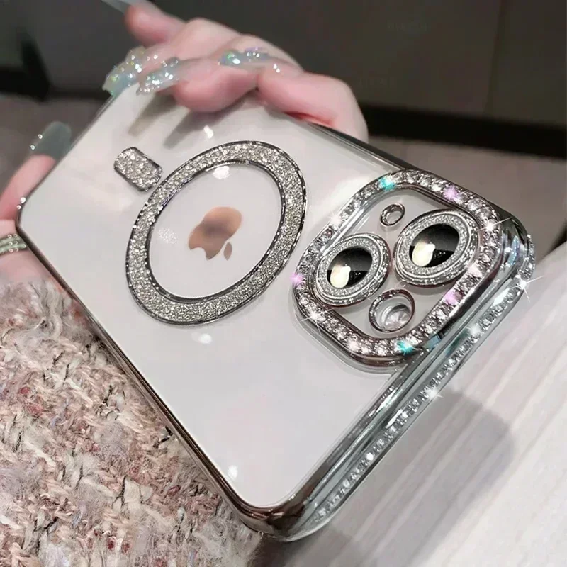 (iphone 14 Pro, Plata) Funda Transparente Y Brillante De Cristal Para Iphone Con Soporte Para Carga Inalámbrica Magnética Magsafe.