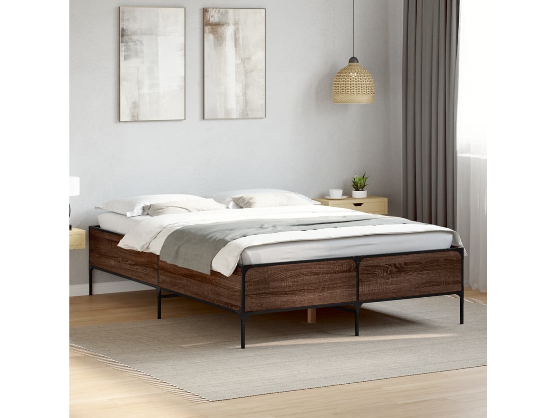 Estructura Cama Madera Ingeniería Metal Marrón Roble 140x200 Cm