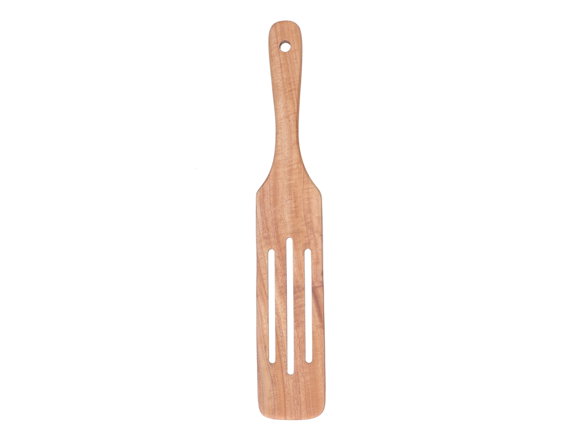 Espátula de cocina de madera de teca con hoja perforada, grande, 35 x 6 cm, sin marca.