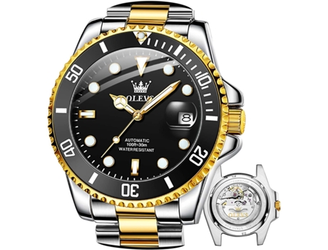VEANXIN Reloj mecánico automático para hombre de acero inoxidable sin batería(Esfera negra dorada.)