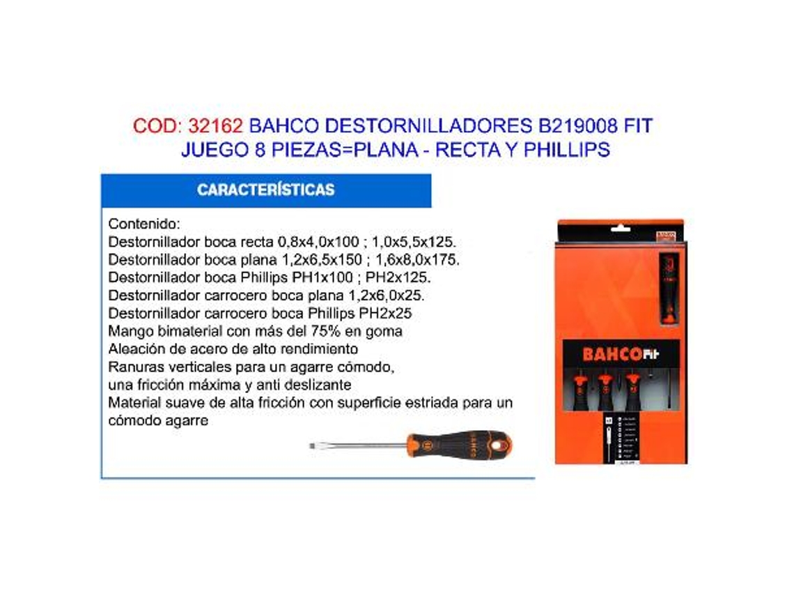 Bahco destorn.b219008 fit juego 8 piezas plana-recta y phillips