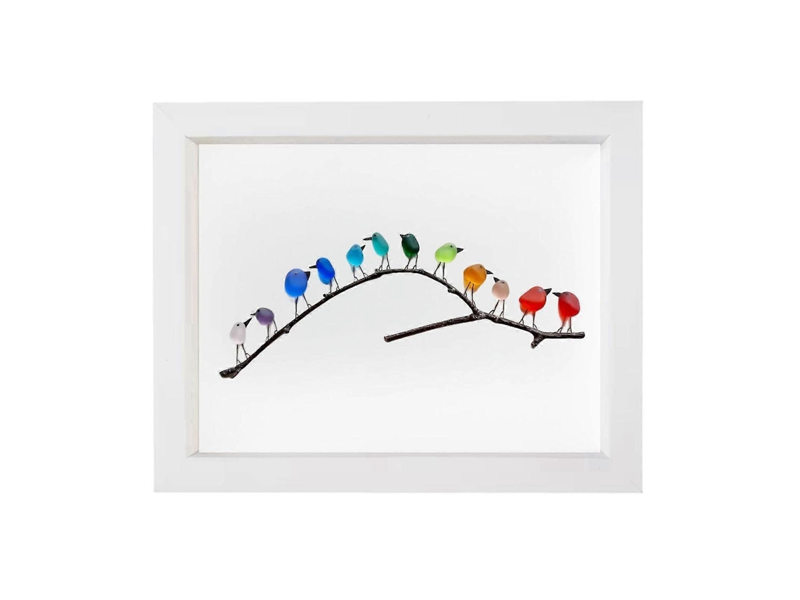 Pájaros arcoíris en vidrio marino, Pájaros arcoíris en una rama, Decoración de pared con pájaros arcoíris, Arte en vidrio marino