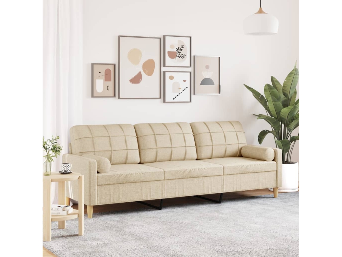 Sofá De 3 Plazas Con Cojines Tela Color Crema 210 Cm