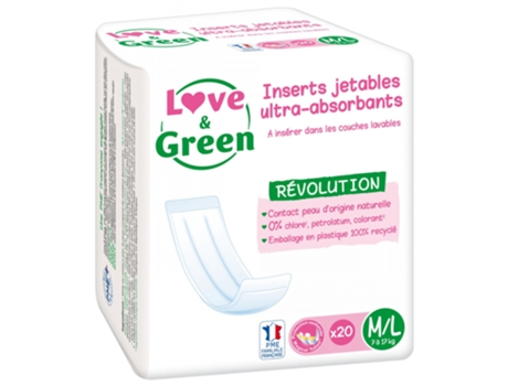 Love & Green Insertos Desechables Ultra Absorbentes para Pañales de Tela M/L 20 Insertos LOVE & GREEN