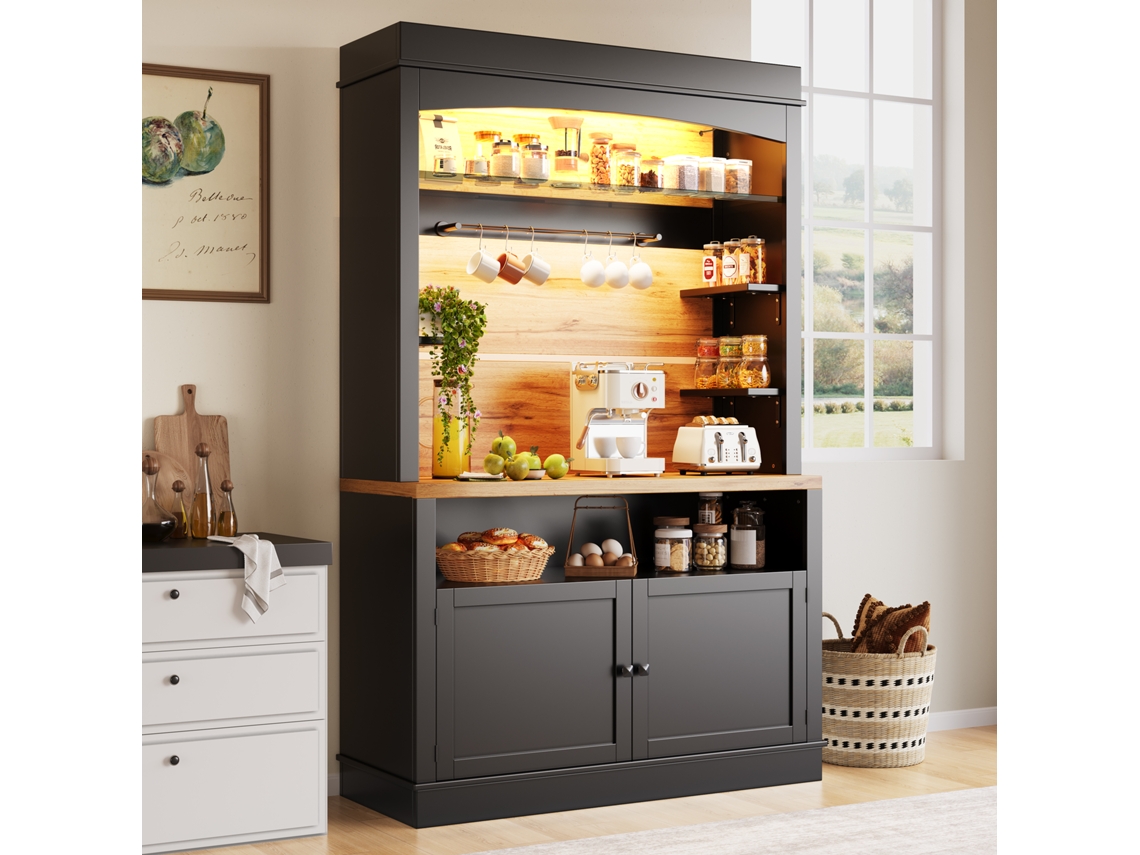 Mueble de cocina alto 107x43x184 cm con vitrina e iluminación LED, negro, MOBRIO