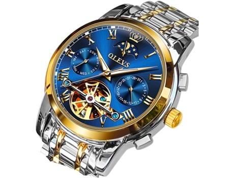 VEANXIN Reloj mecánico automático para Hombre Fase Lunar Hueco Acero Inoxidable 3AT Luminoso Reloj Impermeable para Hombre(cara azul)