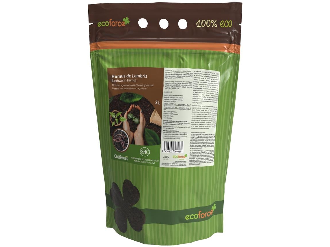 CULTIVERS Humus de Lombriz Ecológico 3 L Abono para Plantas Universal para Huerto, Frutales, Césped y Jardín. 100% Natural