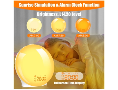 Reloj despertador de amanecer, luz de despertador en pantalla completa con simulación de amanecer y atardecer, función de repetición de alarmas dua...