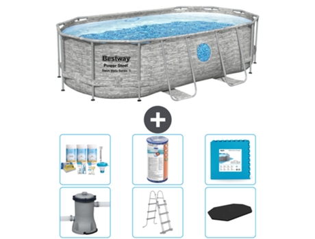 Piscina BESTWAY Oval Power Steel Swim Vista - Estampado Piedra - 427 x 250 x 100 - Incluye Bomba - Escalera - Cobertor Accesorios CB30