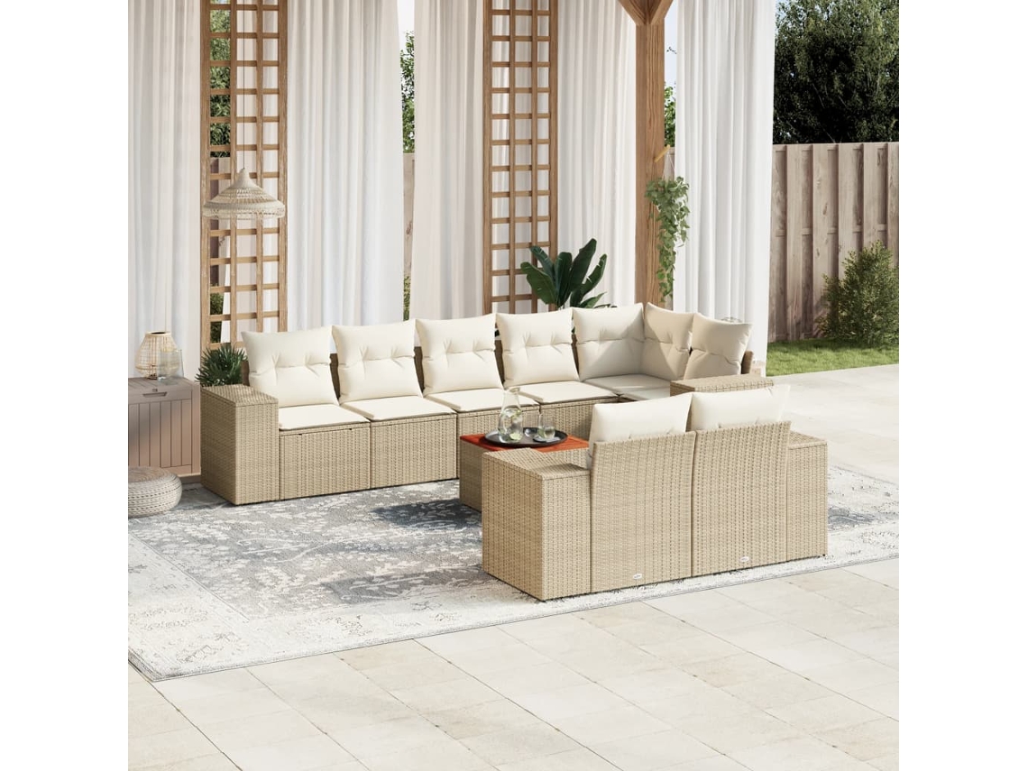 Conjunto de sofá de jardín de 9 piezas con cojines, mimbre sintético beige, Dkd Home Decor