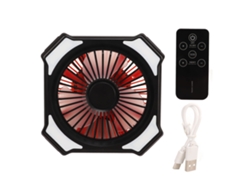 Ventilador de camping con linterna LED recargable y control remoto.