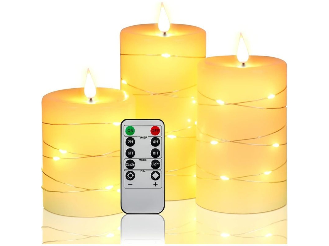 Velas Led Integradas Com Controle Remoto De 10 Botões, Temporizador 24h E Chama Dançante, 3 Unidades De Cera Real Cor Marfim