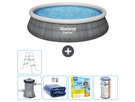 Piscina hinchable redonda Fast Set BESTWAY - Estampado ratán - 457 x 84 cm - Bomba incluida Vela solar - Paquete de mantenimiento - Filtrar - Escal...