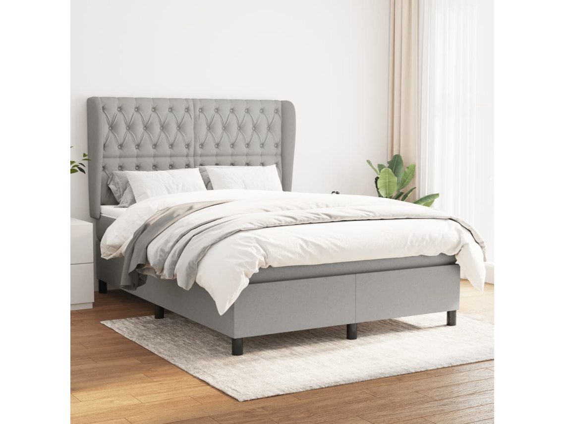 Cama Box Spring Con Colchón Tela Gris Claro 140x190 Cm