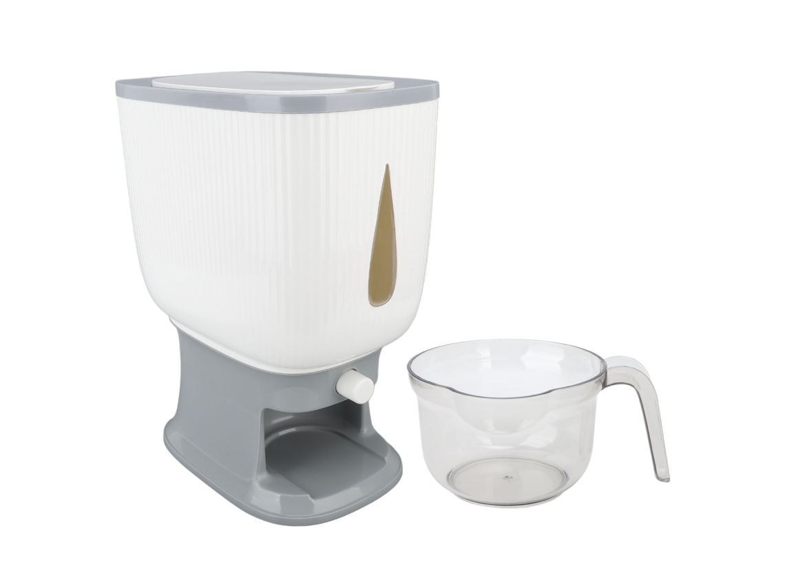 Dispensador de arroz con vaso medidor de 10 kg, sin marca, transparente.
