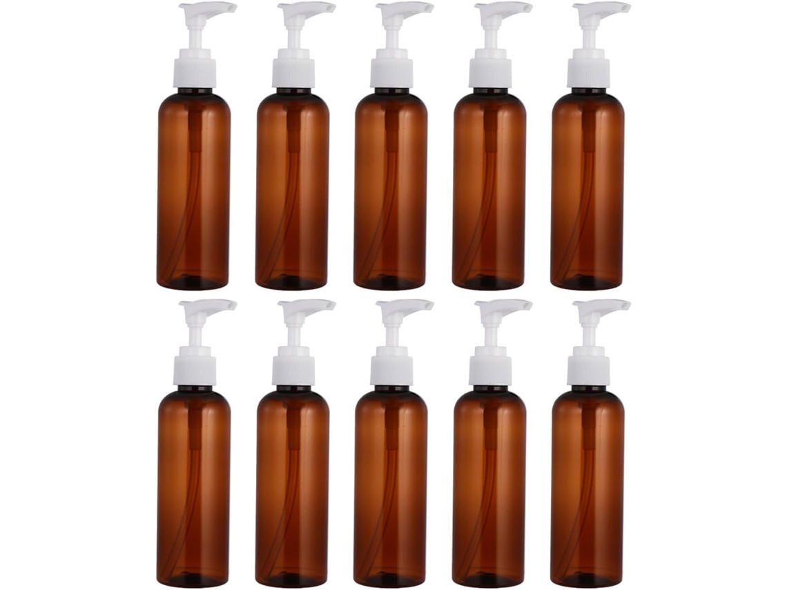 Nuobesty Pack de 10 botellas dispensadoras de plástico marrón de 100 ml para champú y loción, ideales para viajar.