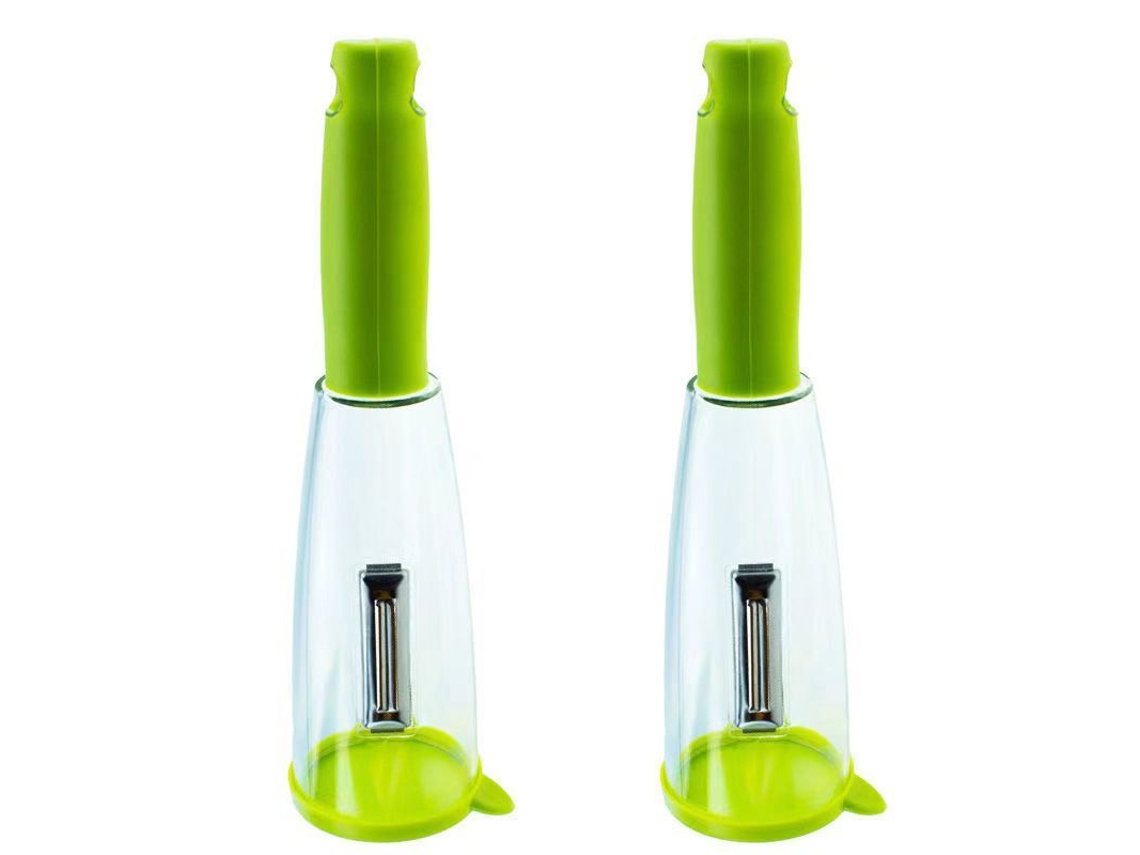 Pelador de frutas y verduras Linjou, juego de 2 piezas con cuchillas de acero inoxidable y recipiente.
