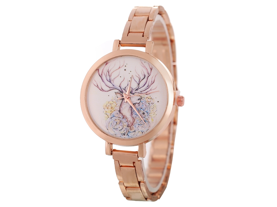 Reloj De Cuarzo Con Brazalete De Acero, Diseño Clásico De Ciervo De La Suerte, Estilo Sencillo, Oro Rosa.