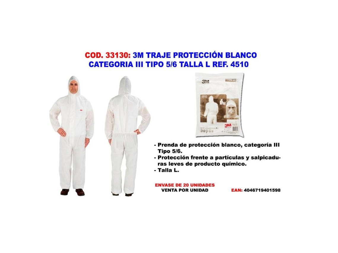 3m traje proteccion blanco categoria iii tipo 5-6 l ref. 4510