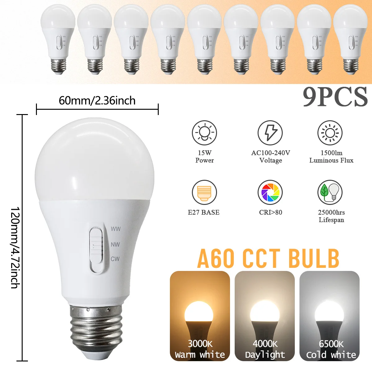 (9pcs, Ac100-240v) Bombilla Led E27 Con Interruptor Dip, Interruptor De Temperatura De Tres Colores, 15w, Para La Iluminación Del Hogar
