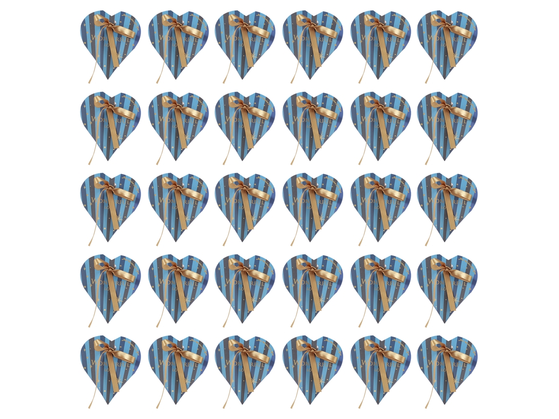 30 cajas de bombones en forma de corazón para fiestas, azules con cinta dorada.