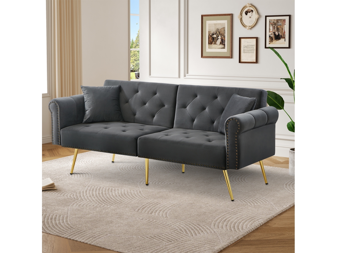 Sofá cama de dos plazas en terciopelo, respaldo regulable en 3 posiciones, patas de metal dorado, tamaño compacto, 173x75x70 cm, gris antiguo.