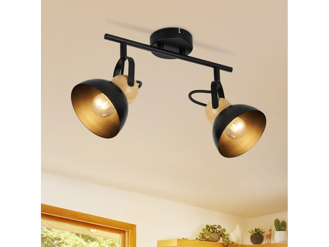 Foco de techo de 2 llamas vintage negro E27 ajustable 350° lámpara de pasillo de metal industrial retro Nettlife