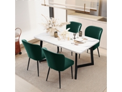 Juego de 4 sillas de comedor verde oscuro con tapizado de diseño, respaldo y asiento de terciopelo y estructura de metal.
